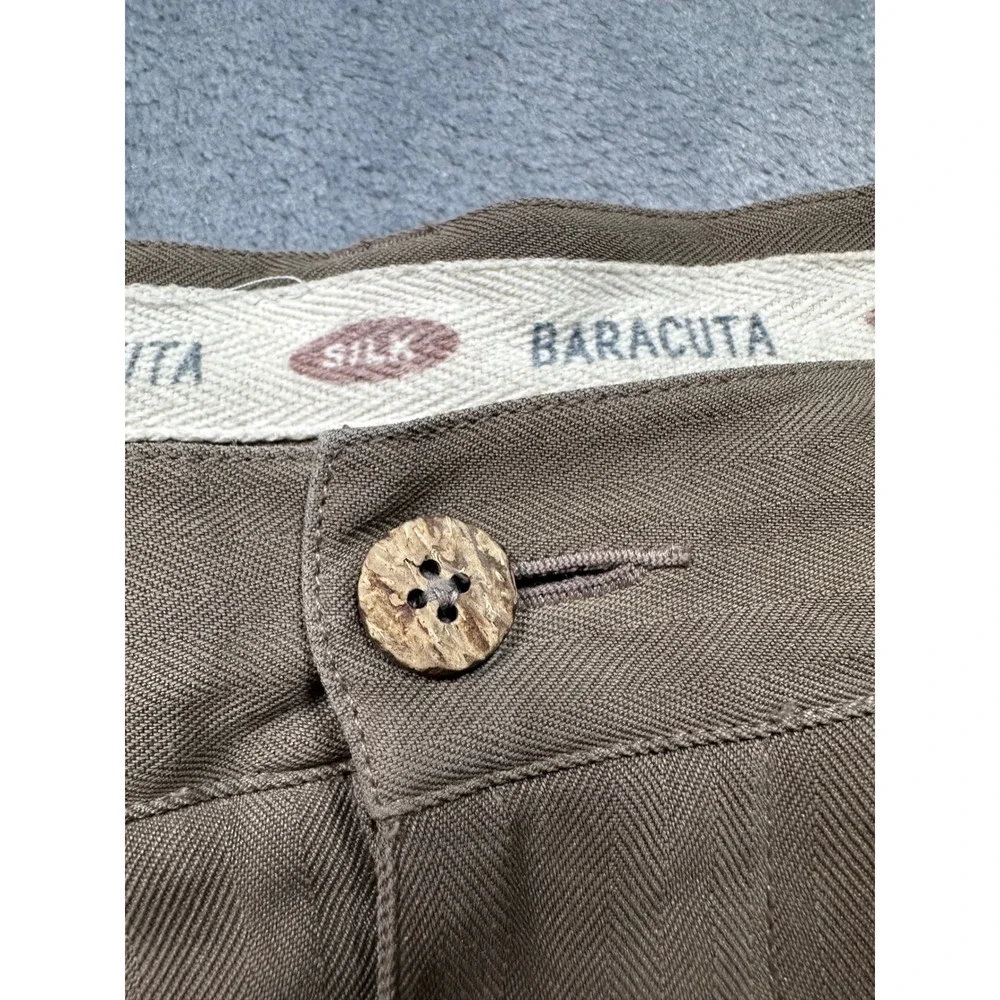 Baracuta Mens 42 100% Silk Pleated Trousers Olive Brown Herringbone Wide Leg